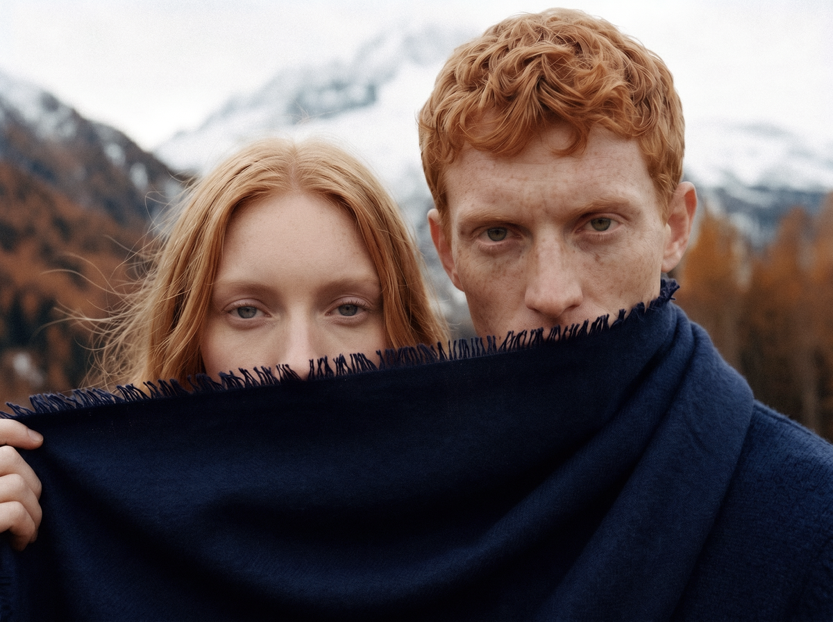 We Norwegians | FW26 | Monogram Cashmere Capsule - Image of a man and woman standing together with the Monogram cashmere scarf over their face