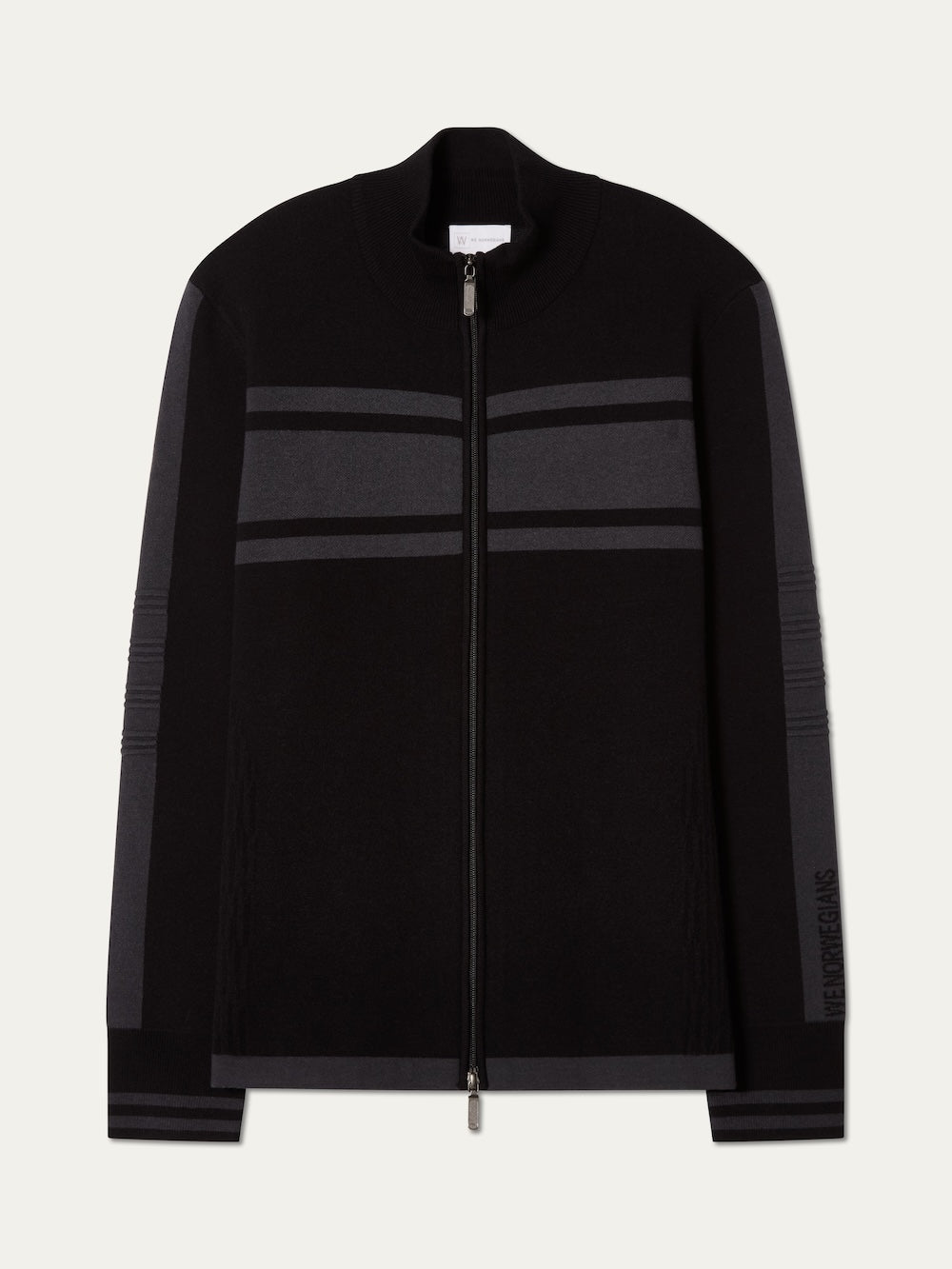 We Norwegians | FW25 | Mens Rocky Full ZipUp_Black | A fine knitted sweater with a 2-way front zipper opening, designed in a retro style with subtle color blocks on the chest and sleeves | Shot against an off-white background