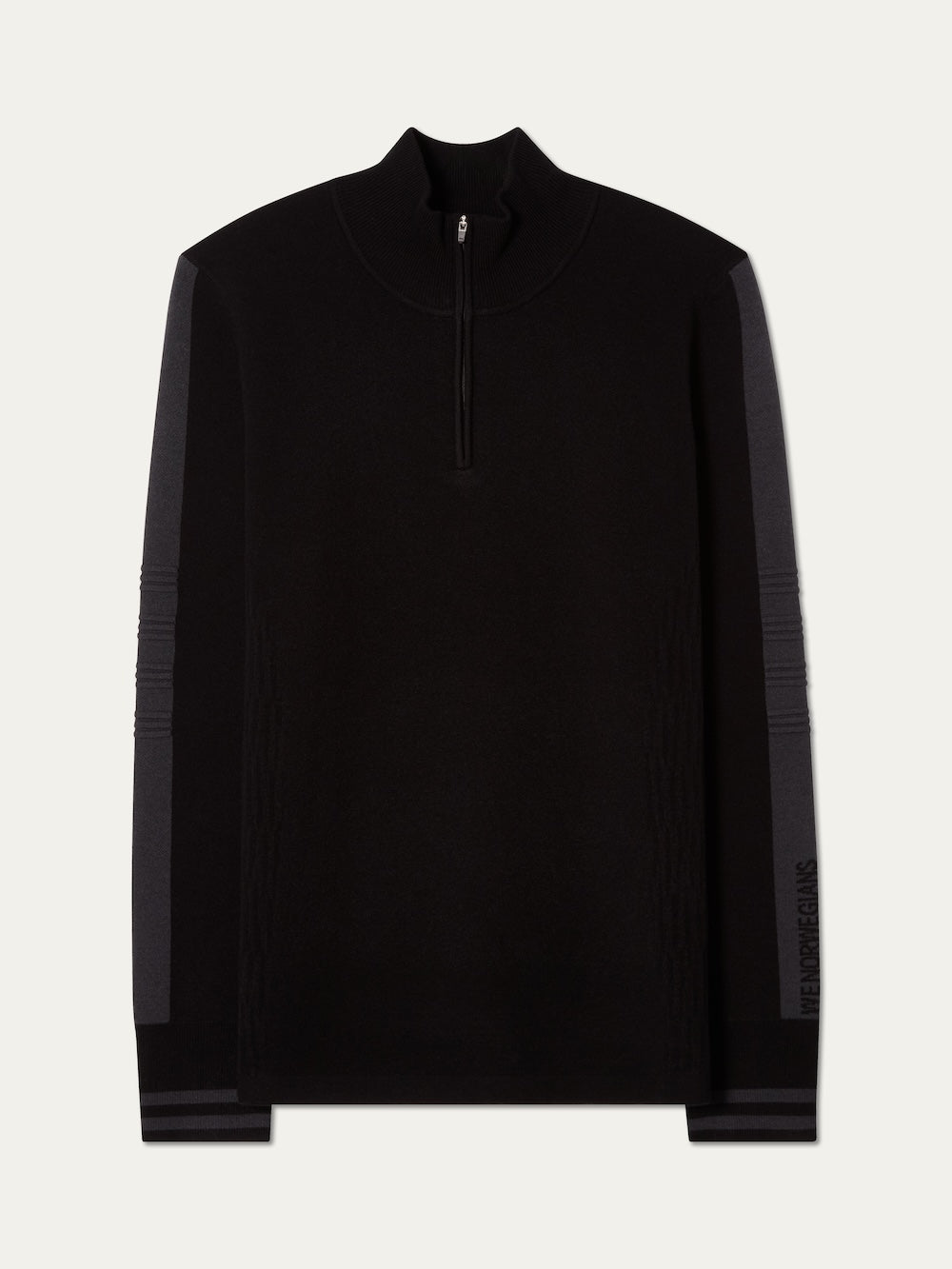 We Norwegians | FW25 | Mens Rocky ZipUp_Black | A knitted sweater designed in a retro style with a front 1/4th zipper opening, color block panels on the sleeves, with embroidered branding | Shot against an off-white background