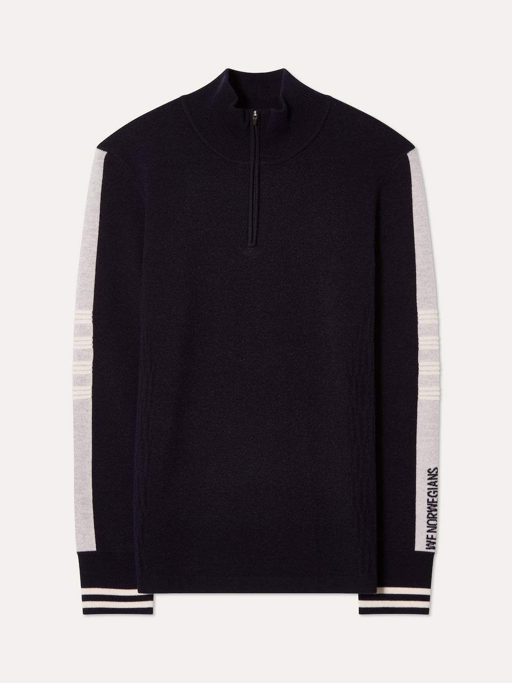 We Norwegians | FW25 | Mens Rocky ZipUp_Navy blue | A knitted sweater designed in a retro style with a front 1/4th zipper opening, color block panels on the sleeves, with embroidered branding | Shot against an off-white background