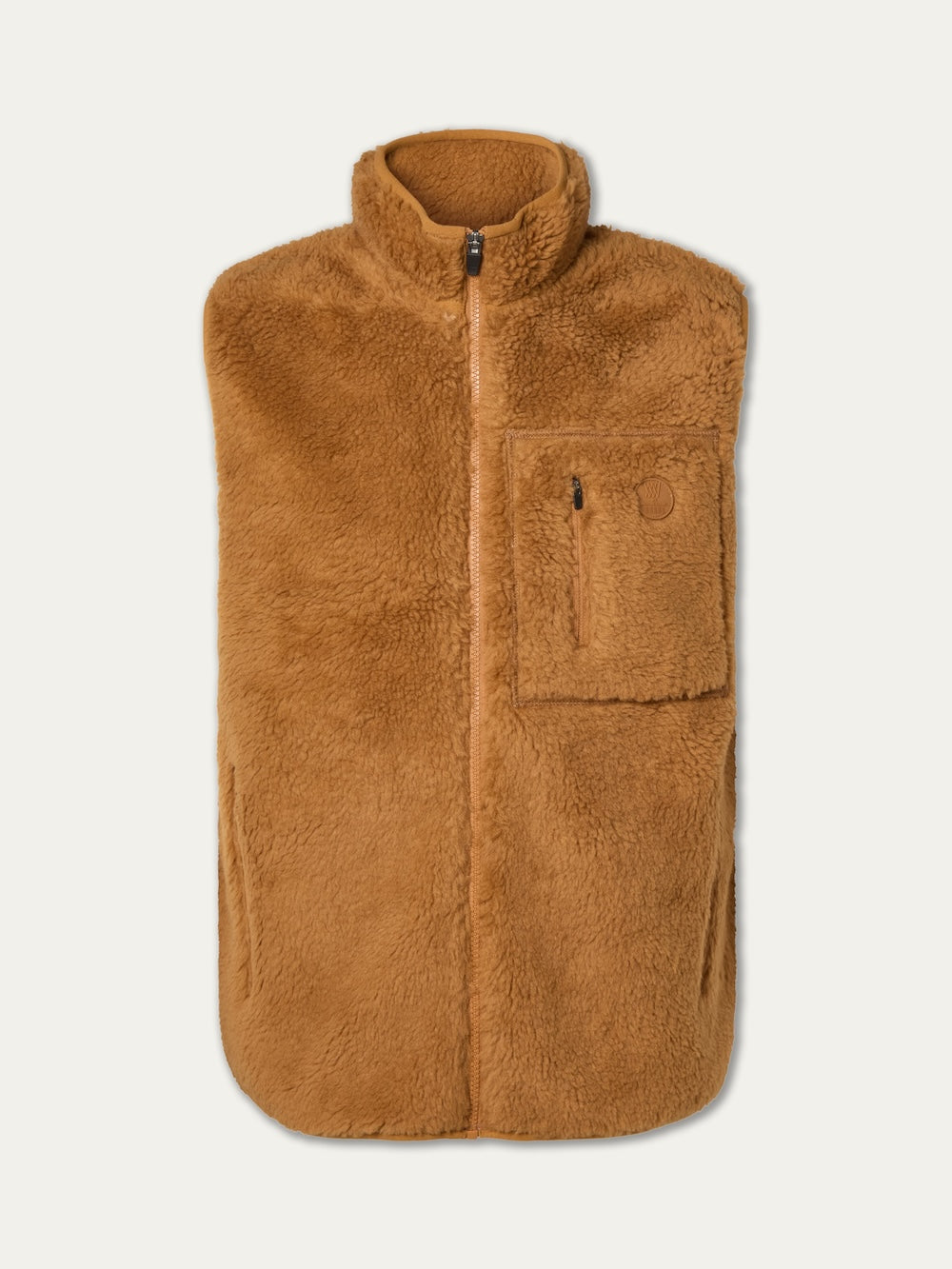 We Norwegians | FW25 | Mens Kebnekaise Vest_Cinnamon | A fleece vest with a front zipper opening, zipped chest pocket and side pockets | Shot against an off-white background