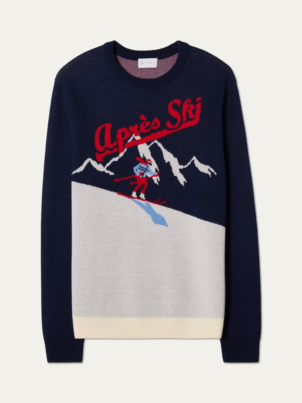 We Norwegians | FW25 | Mens Afterski Crewneck_Navy blue | A knitted sweater with an après ski design at the front | Shot against an off-white background