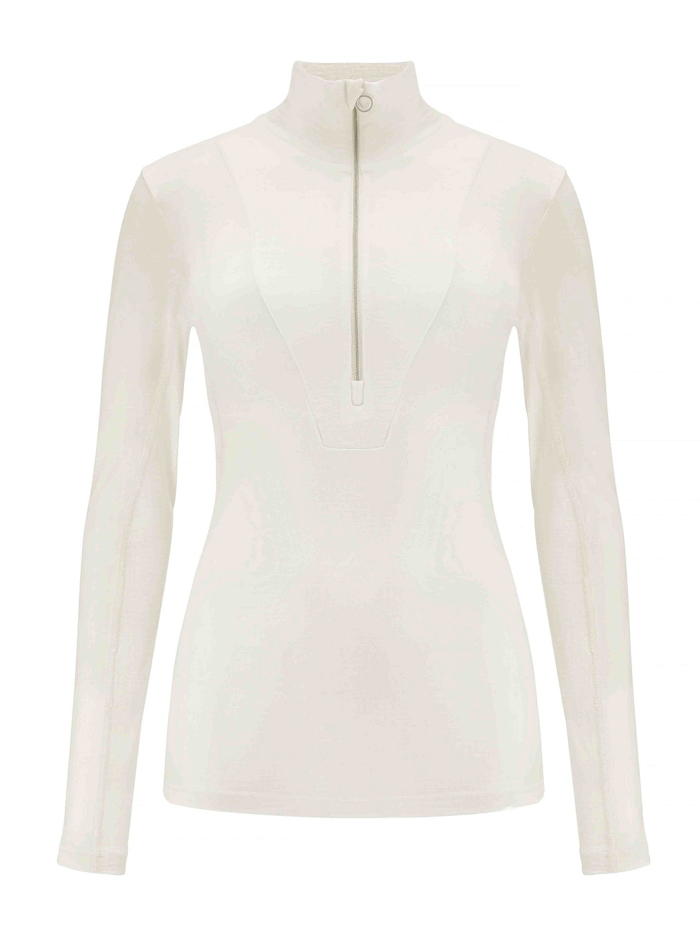 The Sno Merino Zip Up Women by We Norwegians is an off-white, long-sleeve, high-neck top featuring a front zipper that extends halfway down the chest. The fabric boasts a smooth, fitted appearance and is crafted from super fine merino wool to create a sleek, minimalist look that epitomizes Scandinavian luxury base-layers.