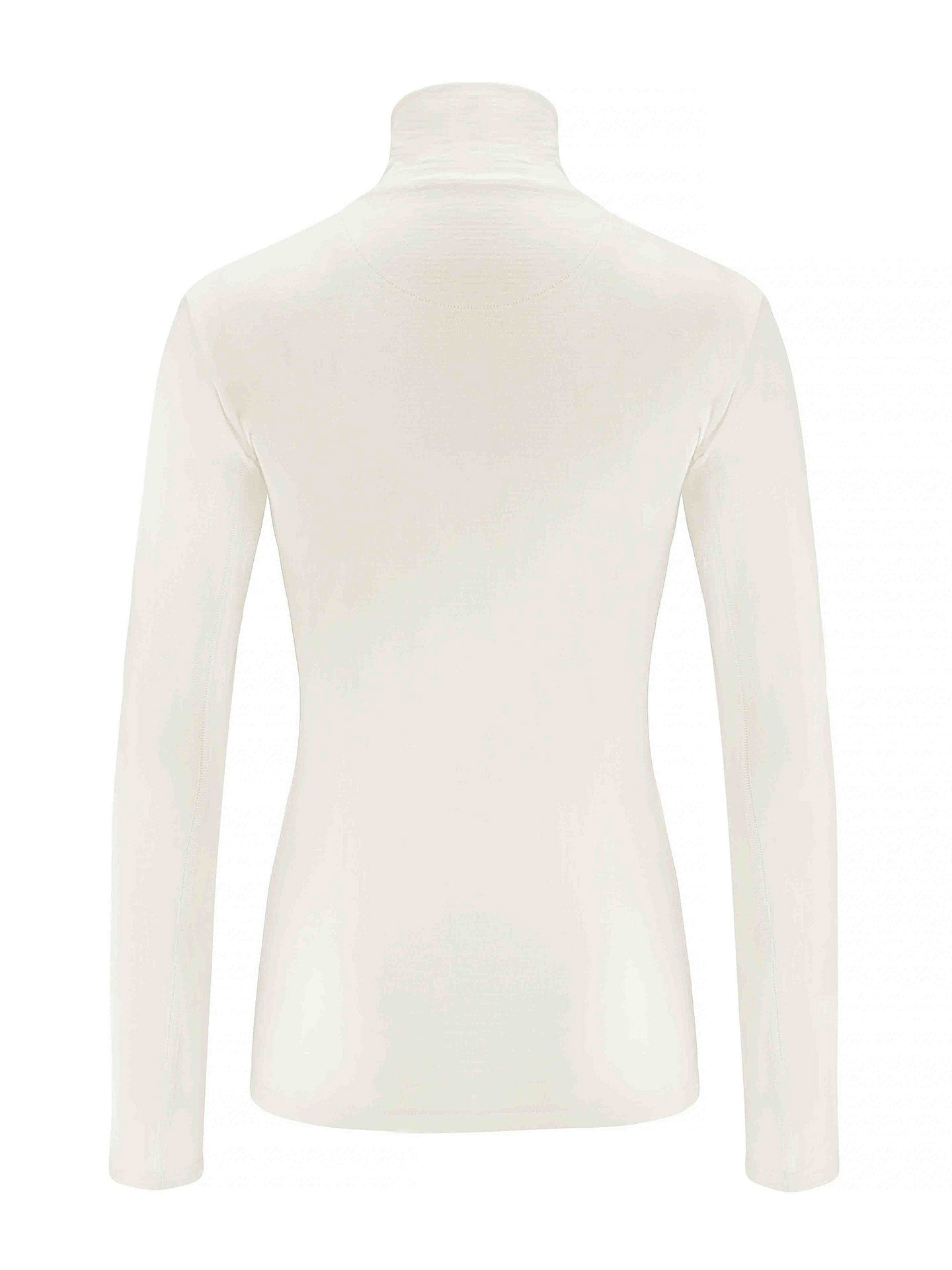 The image shows the back view of the Sno Merino Zip Up Women by We Norwegians, a plain, light-colored, long-sleeved turtleneck top made from super fine merino wool. The top has a smooth texture and appears to be soft and stretchy. Its fitted shape and simple design embody Scandinavian luxury base-layers with no visible patterns or embellishments.