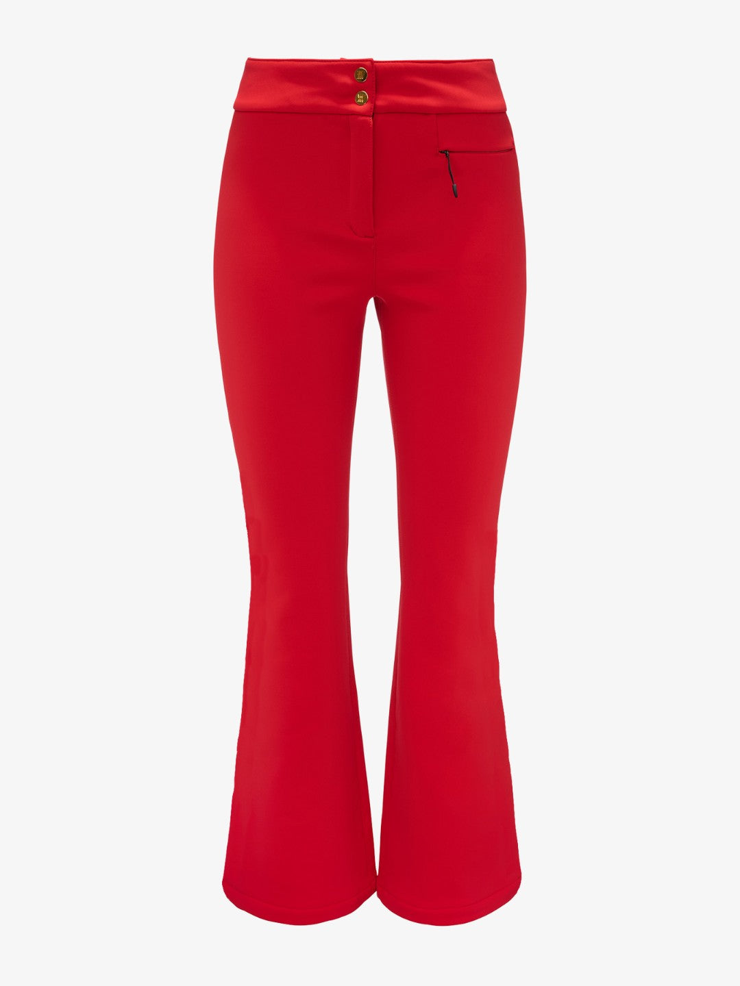 The We Norwegians Kvitfjell Bootleg Ski Pant for women features a vibrant red high-waisted design with a flared bottom. They are equipped with a front button and zipper closure, and an additional small zipper pocket on the right side near the waistband. Made from 4-way stretch soft shell material, these pants provide flexibility and comfort, fitting snugly through the thighs before flaring out.