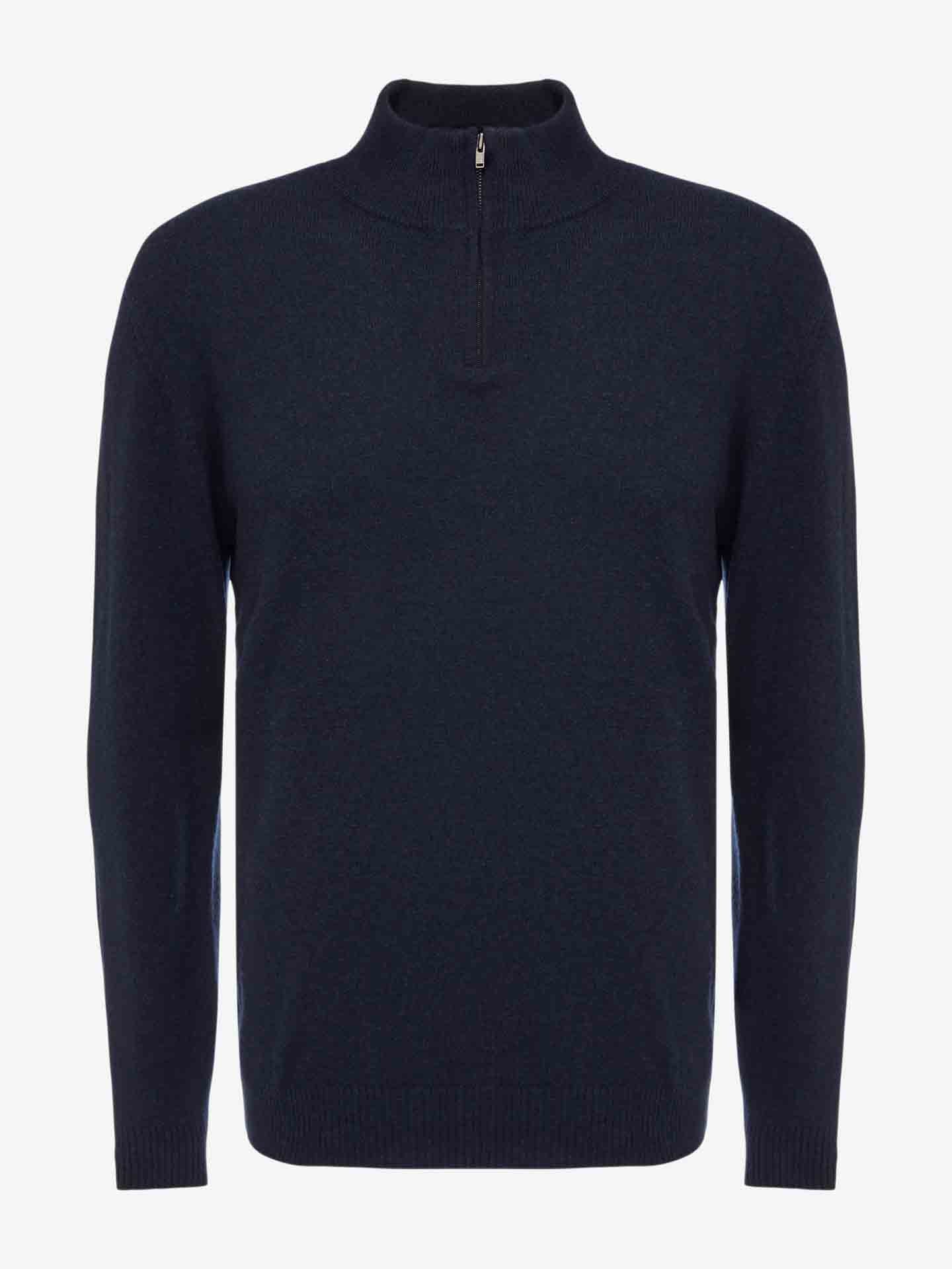 Introducing the Blefjell Zipup Men by We Norwegians, a luxurious dark navy, long-sleeve cashmere sweater featuring a high neck and half-zip YKK zipper closure. This exquisite piece boasts a ribbed collar, cuffs, and hem, and its plain knit texture adds to its timeless classic appeal‚Äîmaking it an essential staple for any wardrobe.