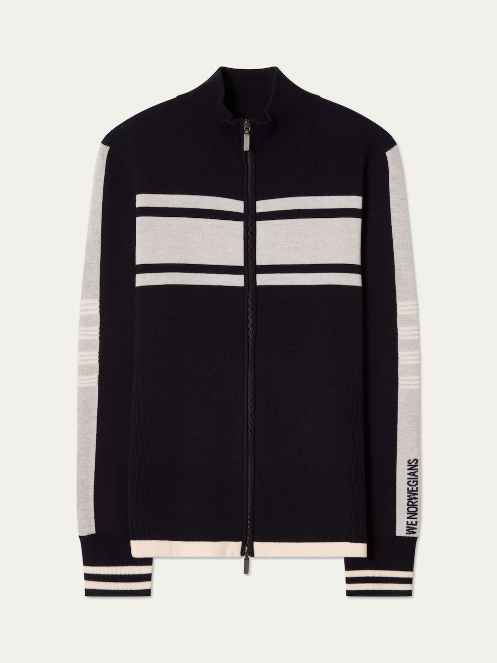 We Norwegians | FW25 | Mens Rocky Full ZipUp_Navy blue | A fine knitted sweater with a 2-way front zipper opening, designed in a retro style with contrasting color blocks on the chest and sleeves | Shot against an off-white background