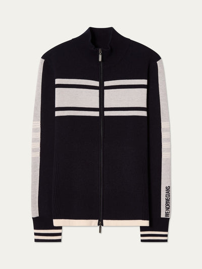 We Norwegians | FW25 | Mens Rocky Full ZipUp_Navy blue | A fine knitted sweater with a 2-way front zipper opening, designed in a retro style with contrasting color blocks on the chest and sleeves | Shot against an off-white background