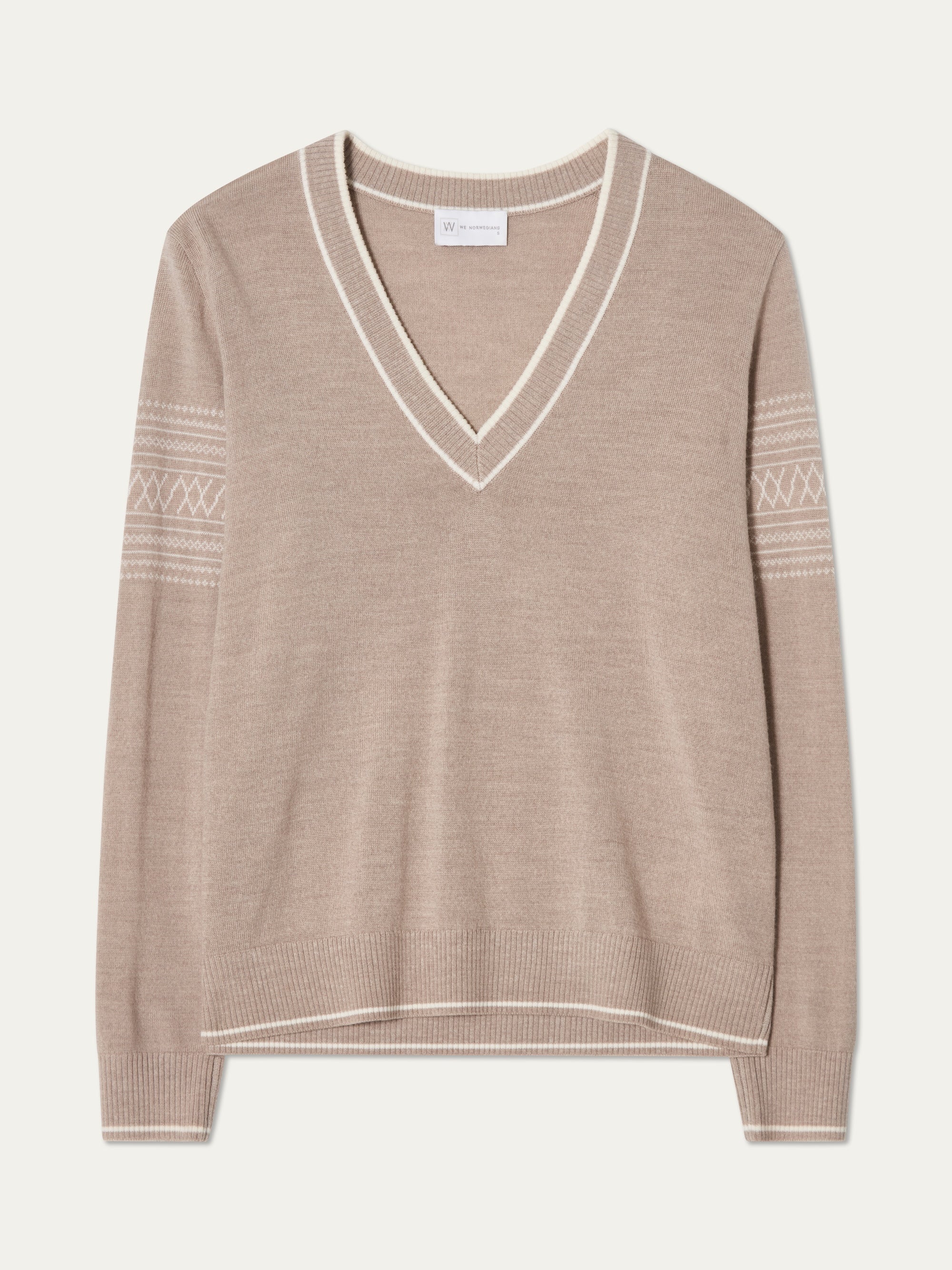 We Norwegians | FW25 | Womens Signature V-neck Sweater_Sand | A fine knitted sweater with white edges on the neckline, sleeves and hemline, with the signature setesdal pattern on the sleeves | Shot against an off-white background