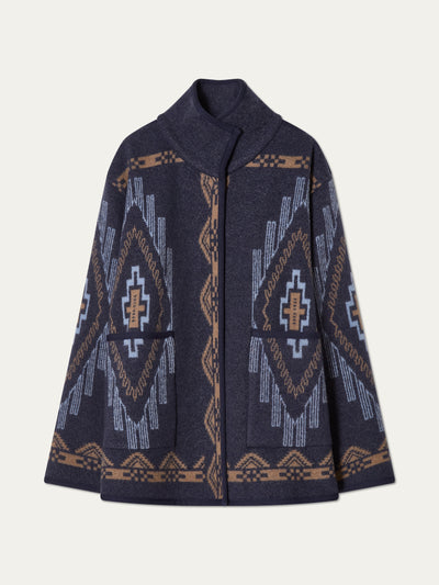 We Norwegians_FW25_Womens | The Kautokeino jacket in Navy blue | The jacket come with a snap button opening and a striking jacquard pattern inspired by Native and Indigenous American art