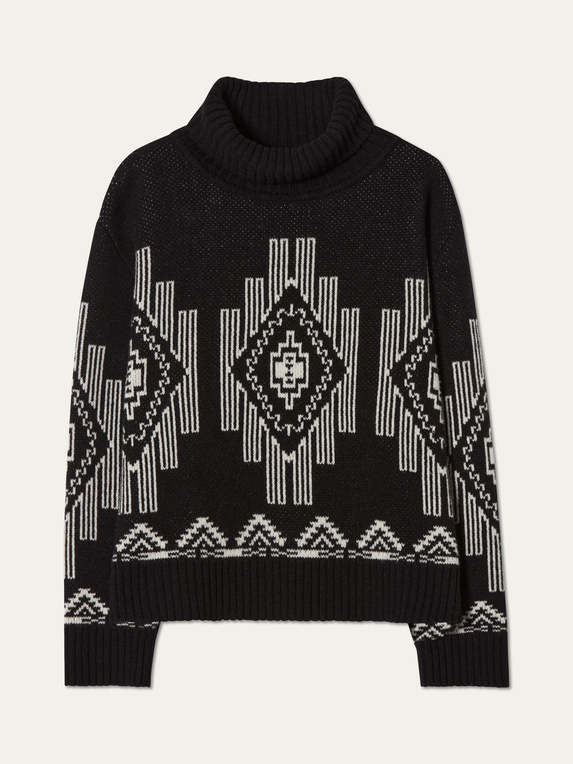 We Norwegians_FW25_Women | The Kautokeino sweater in Black | The sweater has a trutle neck and a striking jacquard pattern inspired by Native and Indigenous American art