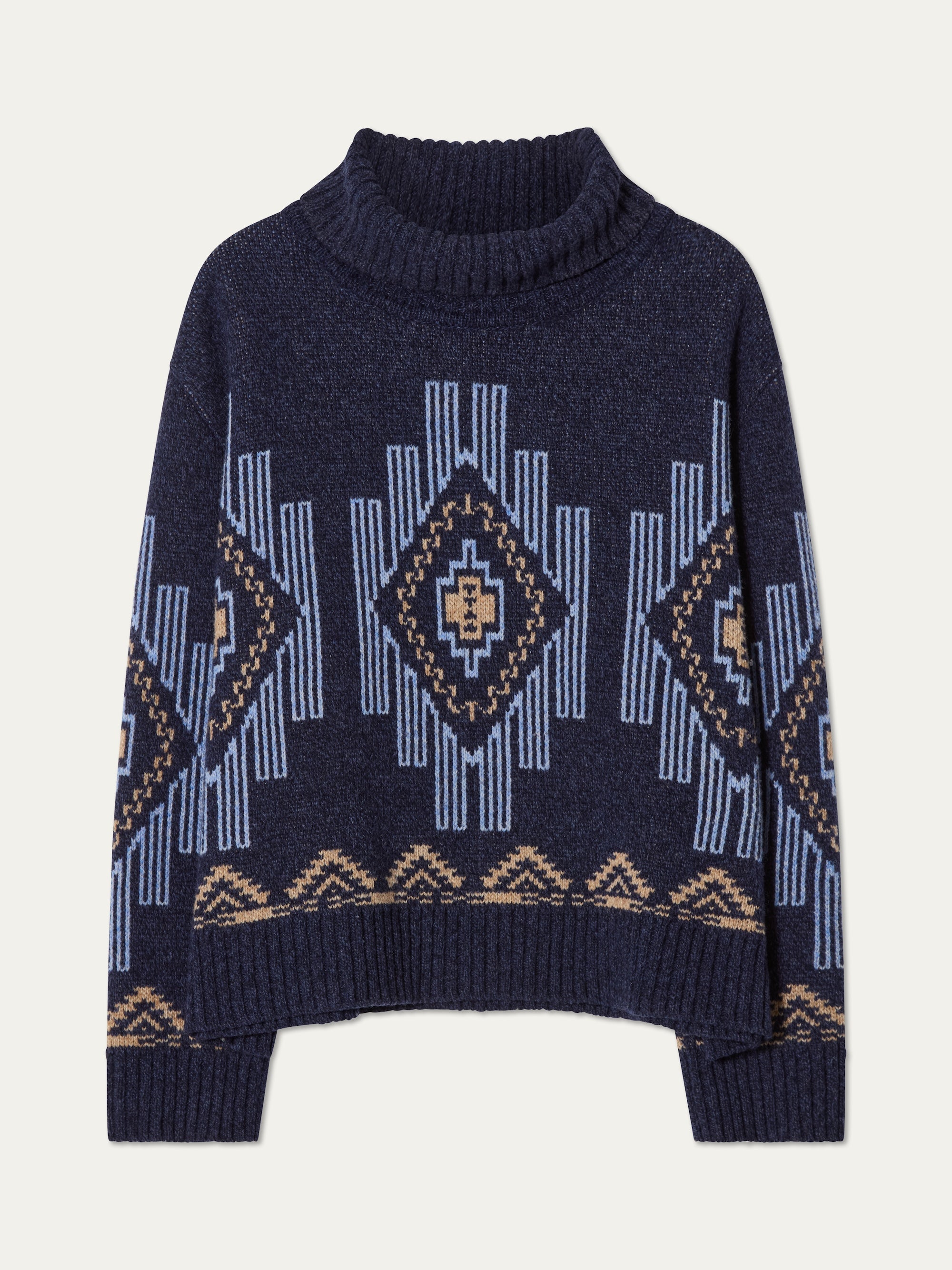 We Norwegians_FW25_Women | The Kautokeino sweater in Navy blue | The sweater has a trutle neck and a striking jacquard pattern inspired by Native and Indigenous American art