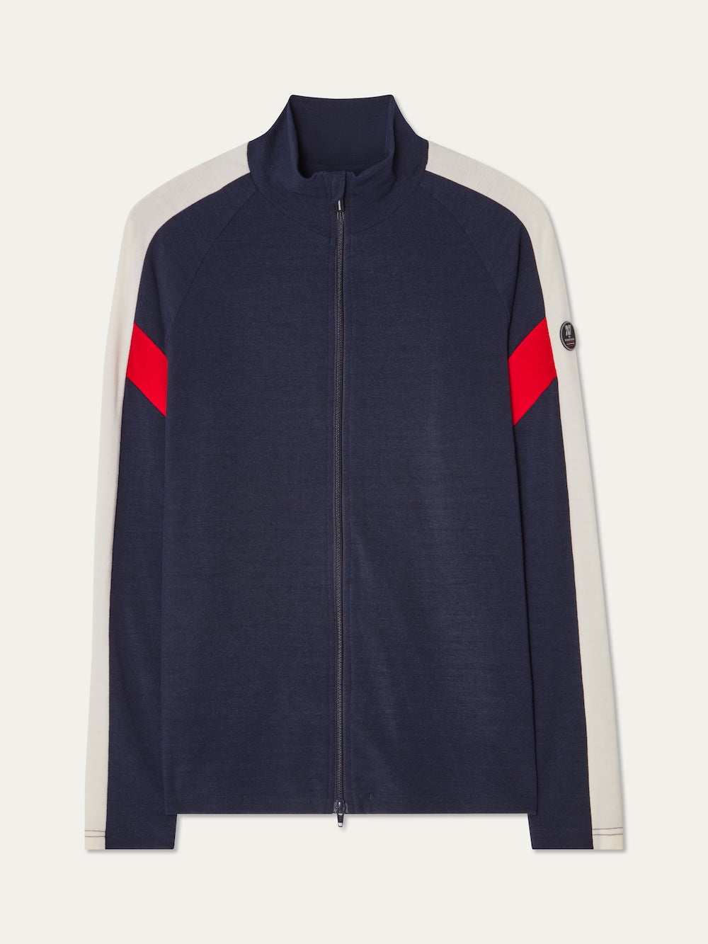 We Norwegians | FW25 | Mens Zermatt Full Zip Sweater_Flag | A piqué knit sweater with white and red accents on  the sleeves and a front 2-way zipper opening | Shot against an off-white background