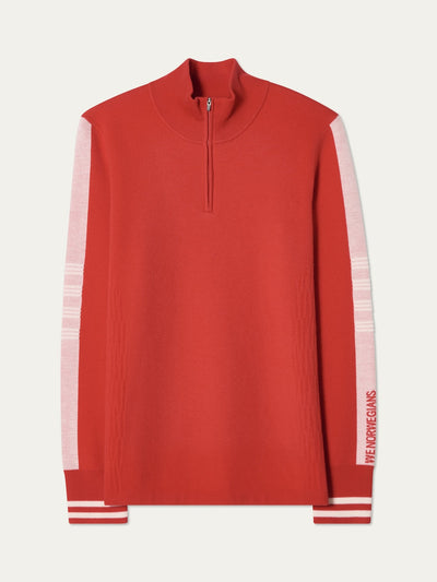 We Norwegians | FW25 | Mens Rocky ZipUp_Red | A knitted sweater in a retro style with a front 1/4th zipper opening, color block panels on the sleeves, with embroidered branding | Shot against an off-white background
