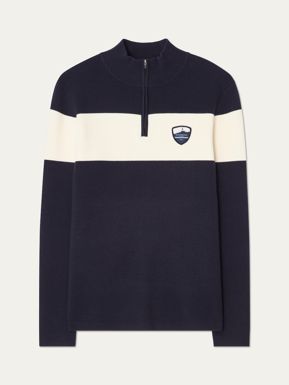 We Norwegians | FW25 | Mens Holmenkollen ZipUp_Navy blue | Merino/ Cotton knitted sweater with a 1/4th zipper opening and badge at the front | Shot against an off-white background