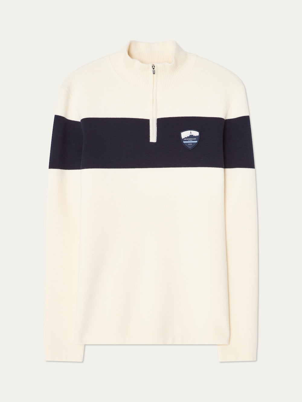 We Norwegians | FW25 | Mens Holmenkollen ZipUp_Off white | Merino/ Cotton blend - knitted sweater with a 1/4th zipper opening and badge at the front | Shot against an off-white background