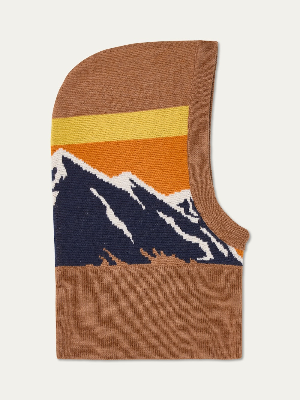 We Norwegians | FW25 | Snowmass Balaclava in brown with mountain design on an off-white background
