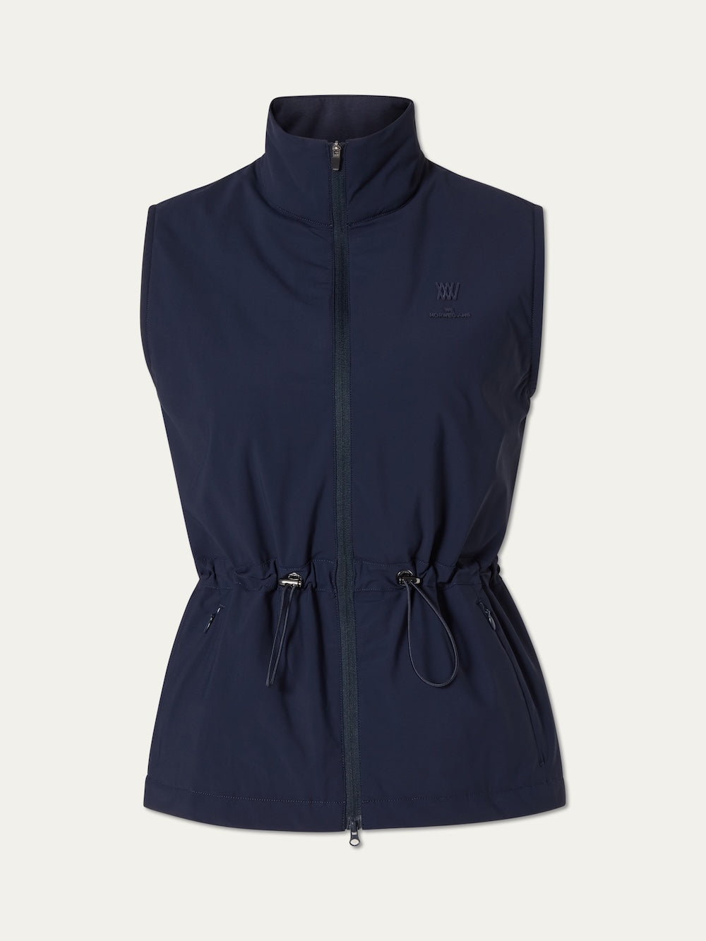 Navy blue vest with a brand logo on an off white background