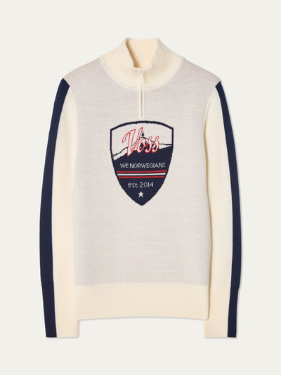 We Norwegians | FW25 | Womens Afterski zip-up in cream with logo and 1/4th zipper in the front. Shot against an off white background