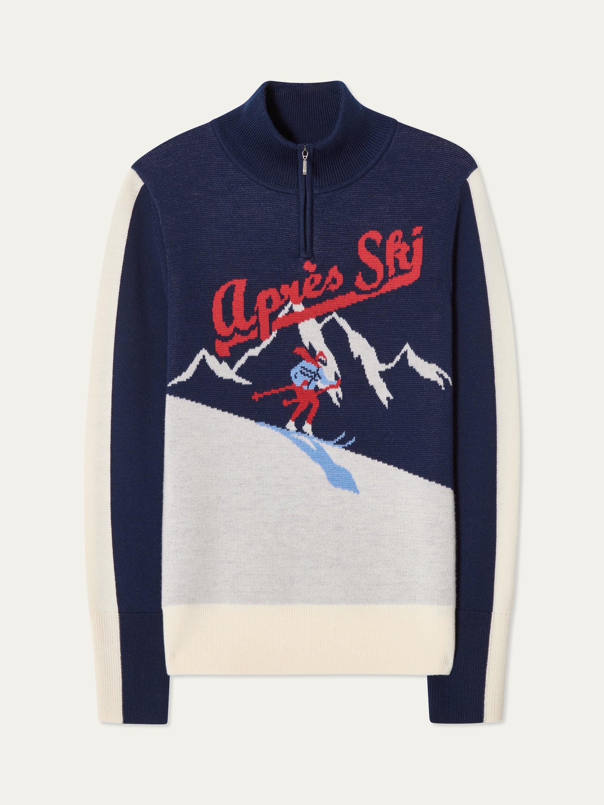 We Norwegians | FW25 | Womens Afterski zip-up in navy blue which has the logo and 1/4th zipper in the front, against an off white background