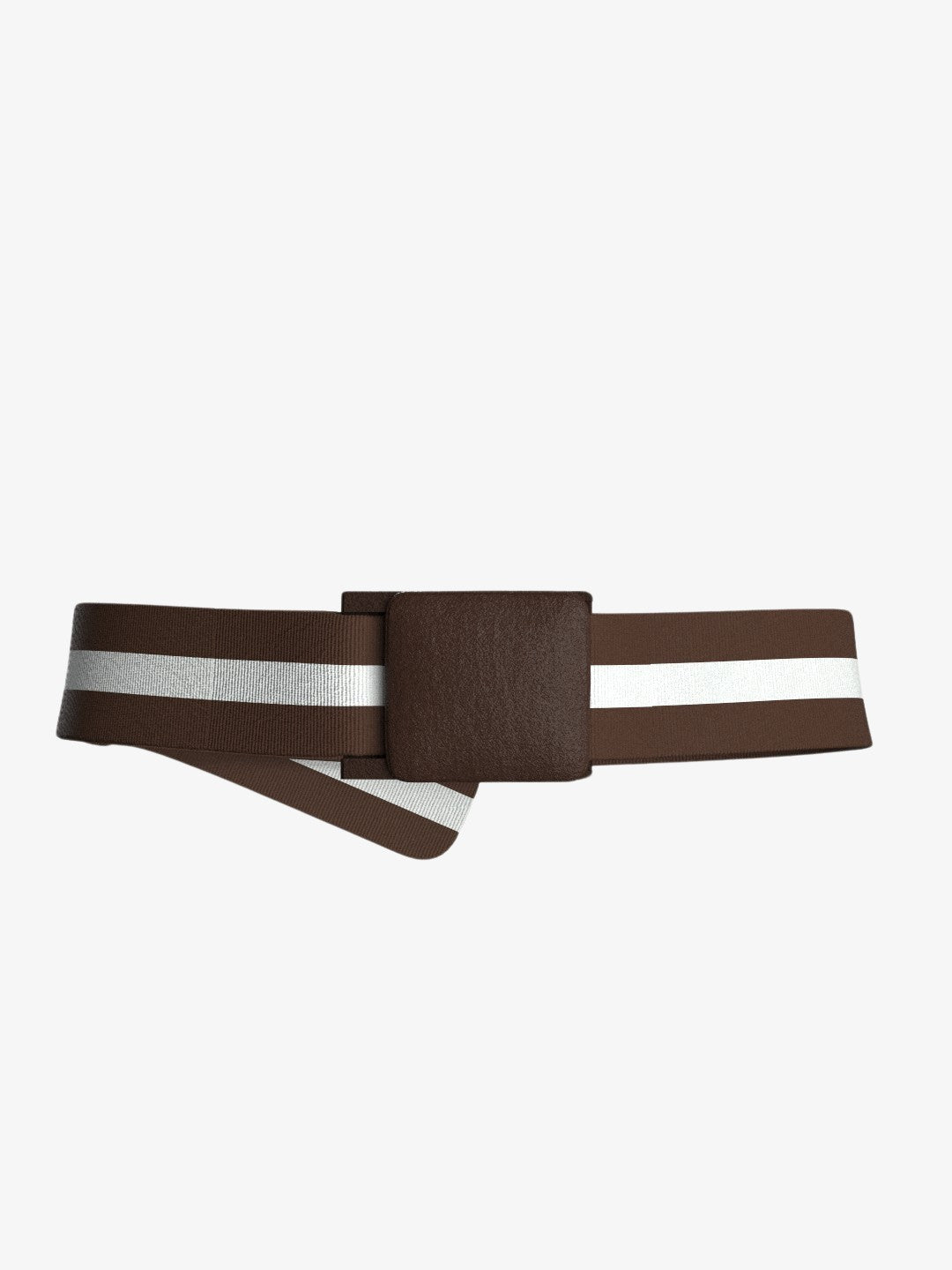 The Vidda Belt by We Norwegians is a wide brown fabric belt featuring a large rectangular buckle. This adjustable accessory is designed with two parallel white stripes running lengthwise near one edge and is made from durable polyester, making it a versatile unisex option.