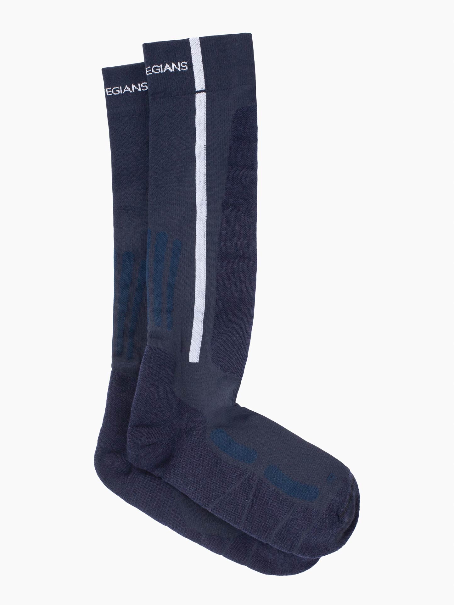 The Rocky Ski Socks by We Norwegians are dark blue knee-high wool-knit socks with a vertical white stripe. They feature textured patterns for grip and comfort, making them perfect for unisex wear.